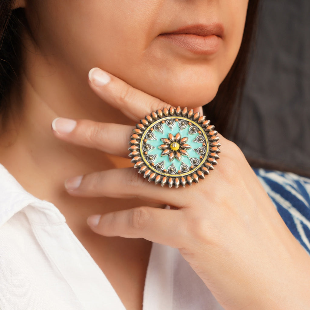 Green Orange Enameled Ring