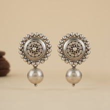 Load image into Gallery viewer, Large 92.5 sterling silver studs with detailed dana art and silver ball drop