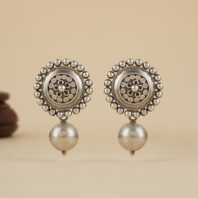 Large 92.5 sterling silver studs with detailed dana art and silver ball drop