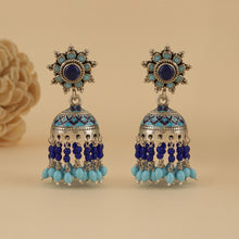 Load image into Gallery viewer, Meenakari Silver Jhumkas with Turquoise &amp; Lapis Drops