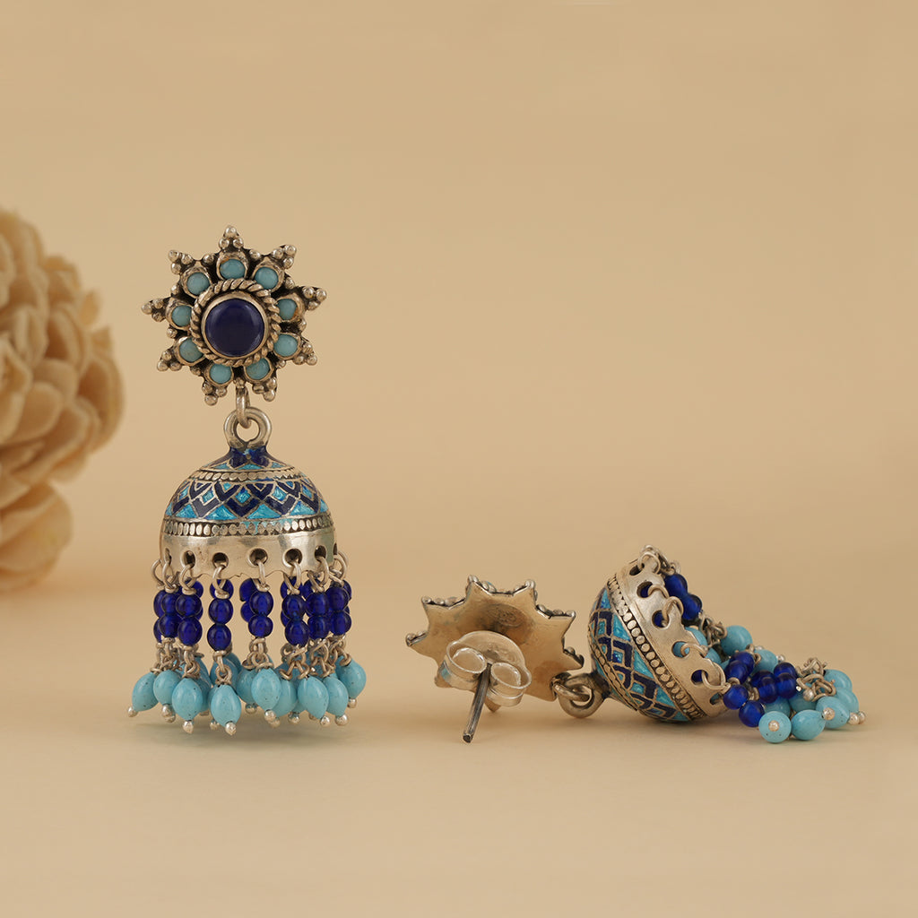 Meenakari Silver Jhumkas with Turquoise & Lapis Drops