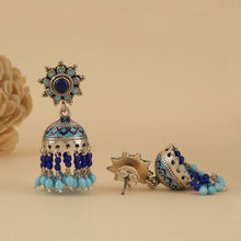 Load image into Gallery viewer, Meenakari Silver Jhumkas with Turquoise &amp; Lapis Drops