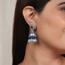 Load image into Gallery viewer, Meenakari Silver Jhumkas with Turquoise &amp; Lapis Drops