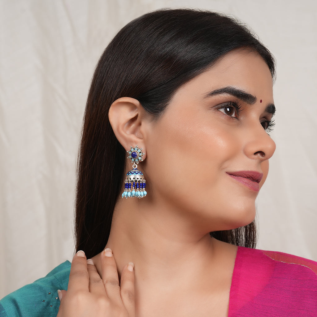 Meenakari Silver Jhumkas with Turquoise & Lapis Drops