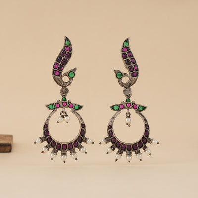 Peacock Chaand Baali Silver Earrings