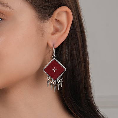 Red Rang Bahar Silver Earrings