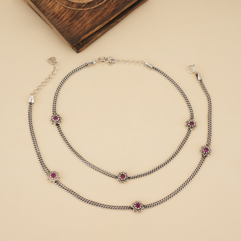 925 sterling silver oxidized double chain anklet with ruby-colored floral stone accents