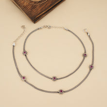Load image into Gallery viewer, 925 sterling silver oxidized double chain anklet with ruby-colored floral stone accents