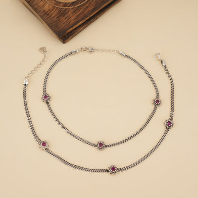 925 sterling silver oxidized double chain anklet with ruby-colored floral stone accents
