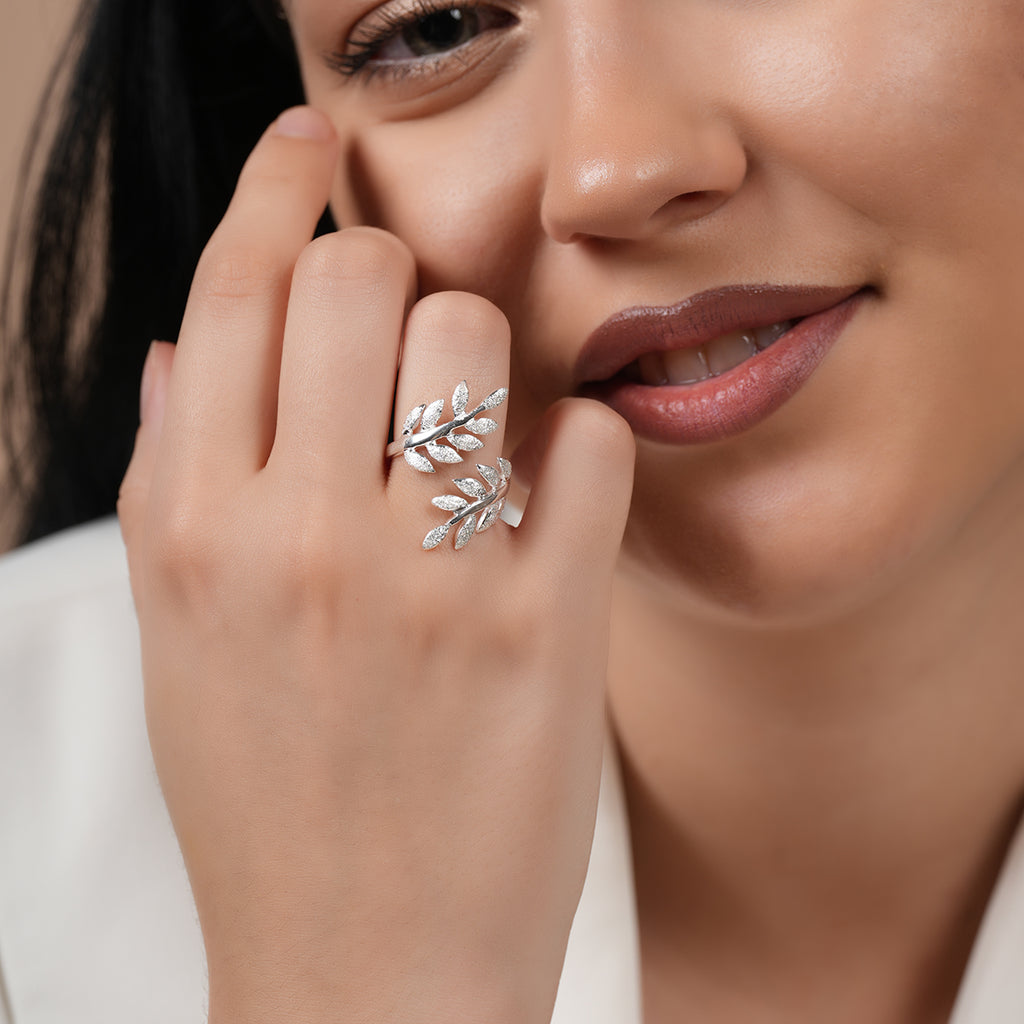 925 sterling silver fern leaf wrap ring with adjustable open design