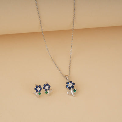 Silver Floral Blue Zircon Pendant Set