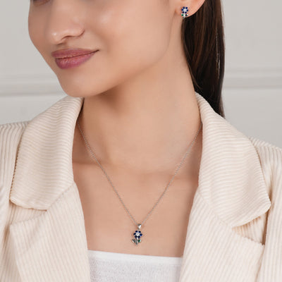 Silver Floral Blue Zircon Pendant Set