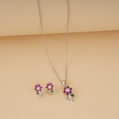 Silver Floral Red Zircon Pendant Set