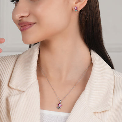 Silver Floral Red Zircon Pendant Set