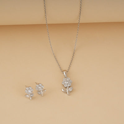 Silver Floral Zircon Pendant Set