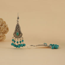 Load image into Gallery viewer, Oxidised silver earrings with intricate detailing and hanging turquoise beads