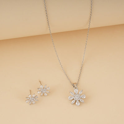 Silver Zircon Flower Pendant Set