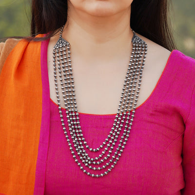 Tribal Layered Silver Beads Necklace