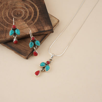 Turquoise & Coral Pendant Set